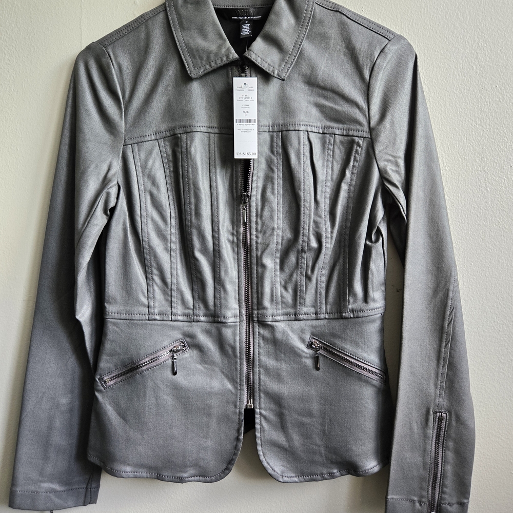 NWT White House Black Market Women's Faux Leather Stretchy Gray Jean Jacket